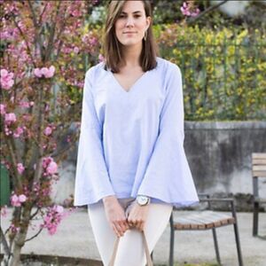Zara Flare Bell Sleeve Striped Pinstripes V Neck Cotton Blue Blouse Top XS